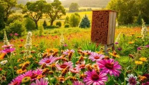 Honeybees foraging on pink coneflowers in a wildflower meadow beside a wooden bee hotel