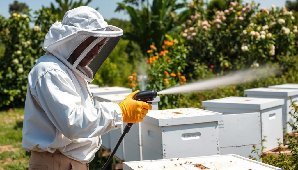Beekeeper applying organic acid treatment to beehives for natural pest control