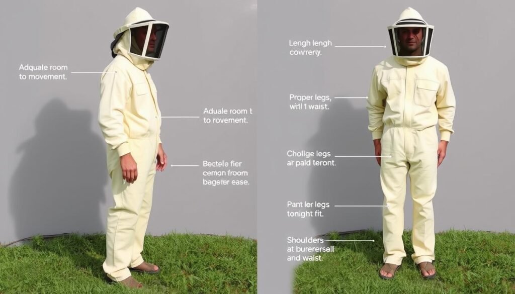 Beekeeper demonstrating proper fit of protective suit with adequate room for movement