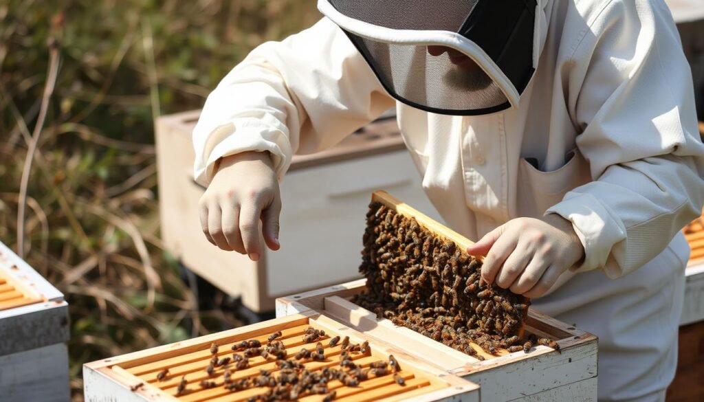 Beekeeper demonstrating proper technique for step by step hive inspection