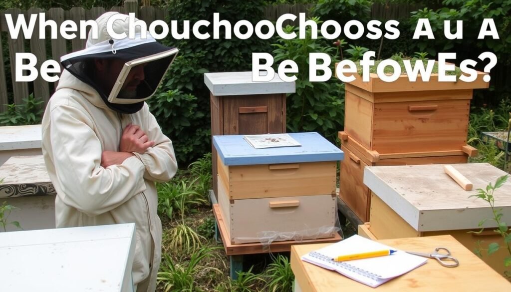 Beekeeper evaluating different factors when choosing a beehive