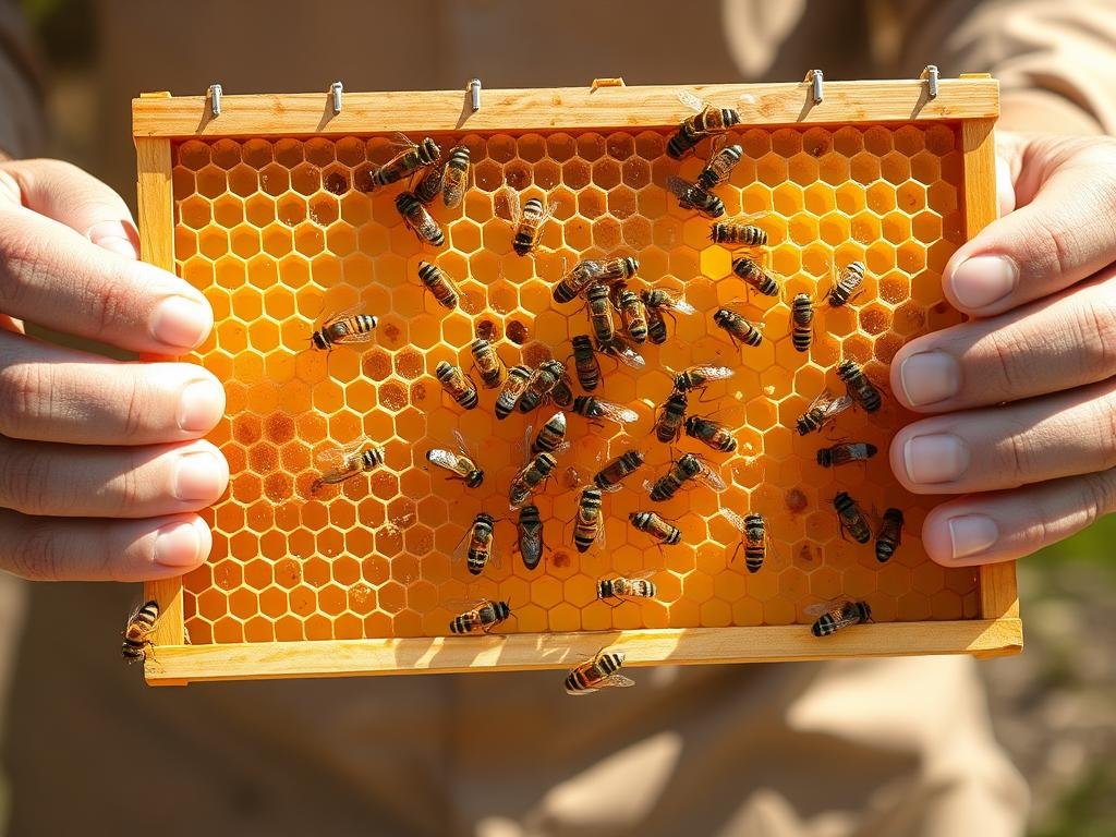 Beekeeper examining a frame during step by step hive inspection