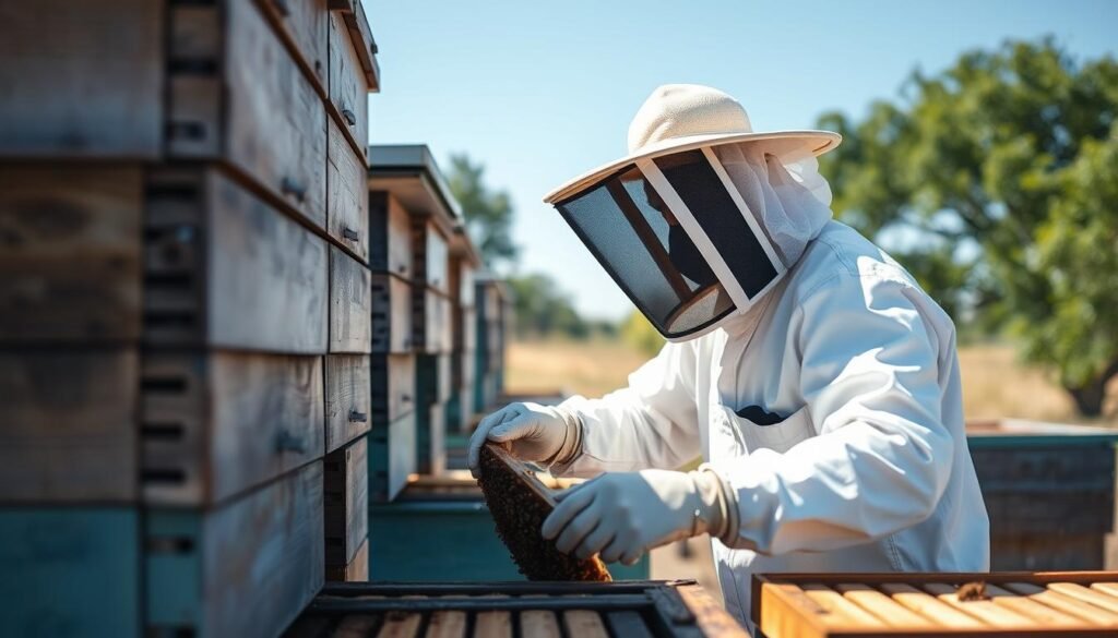 Beekeeper in full protective gear working safely with hives in Texas