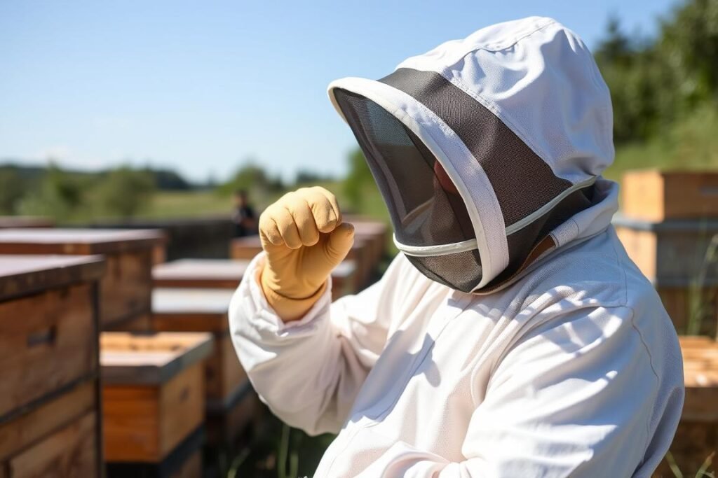 Beekeeper in ventilated suit working in hot weather