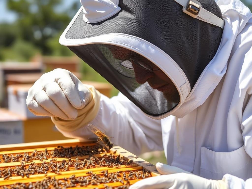 Beekeeper inspecting a frame for varroa mites in a Texas apiary
