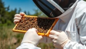 Beekeeper inspecting a frame from a beehive step by step
