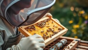 Beekeeper inspecting a healthy beehive frame with natural pest control methods visible