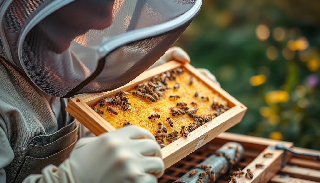 Beekeeper inspecting a healthy beehive frame with natural pest control methods visible