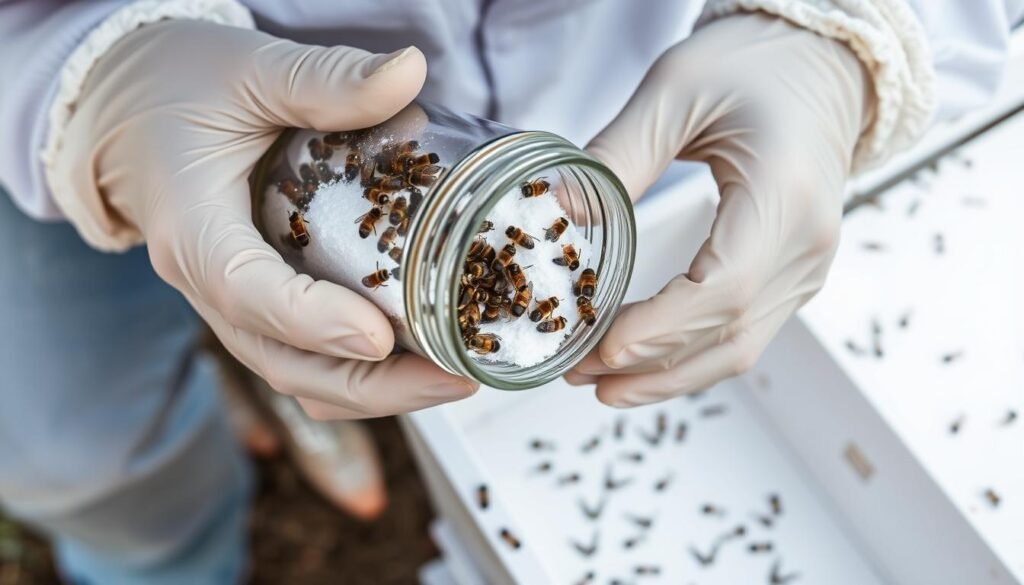 Beekeeper performing a sugar roll test to monitor Varroa mite levels in a beehive