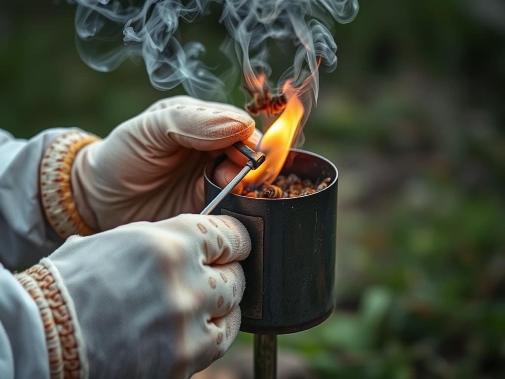 Beekeeper preparing smoker for step by step hive inspection