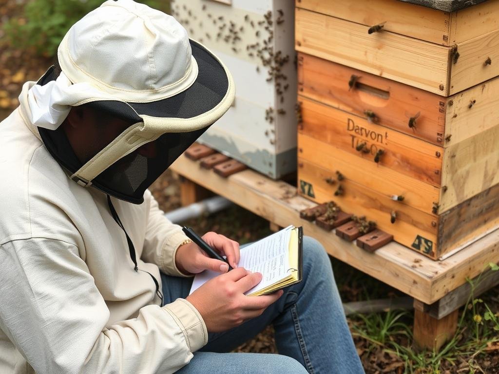 Beekeeper recording notes after step by step hive inspection