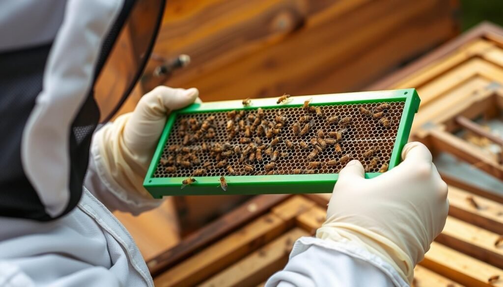 Beekeeper removing a green drone frame from a hive as part of integrated varroa mite control methods in 2025