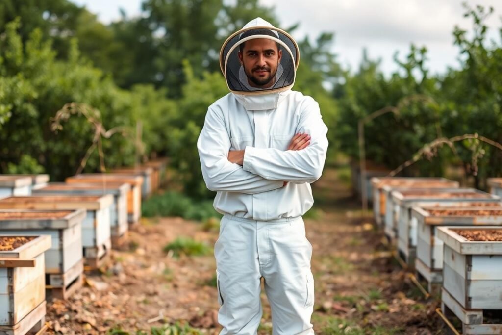 Beekeeper wearing a full white bee suit with attached veil