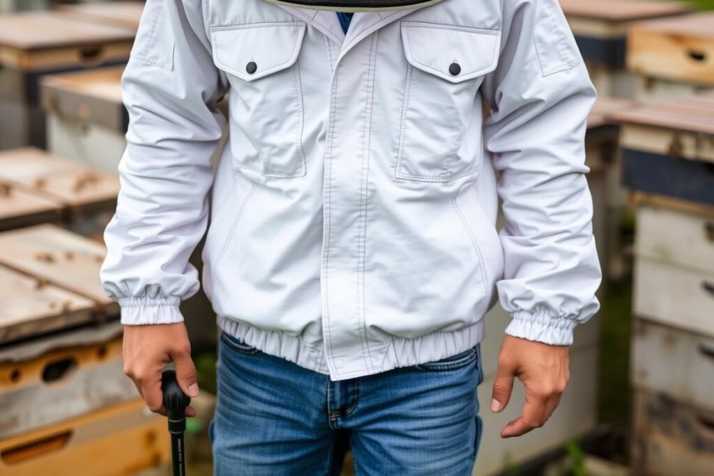 Beekeeper wearing a protective jacket with attached hood veil