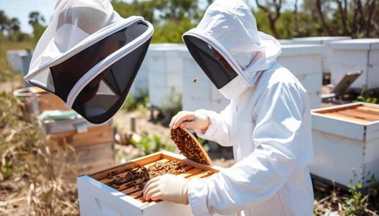 Beekeeper wearing full protective gear while working with beehives