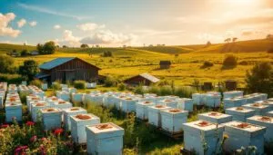 Rows of white commercial beehives across a farm with wooden barns and rolling fields