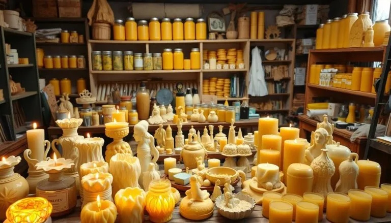Illustration of a craft shop filled with beeswax candles, molded wax figures and jars of honey-colored wax