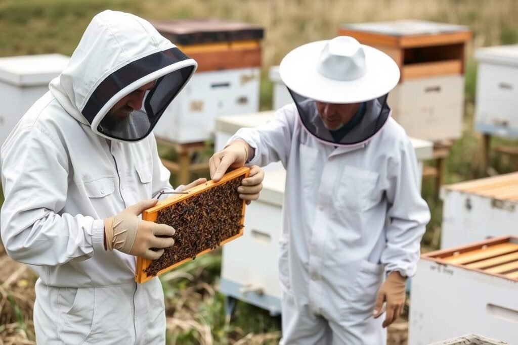 Beginner beekeeper in full protective suit with mentor