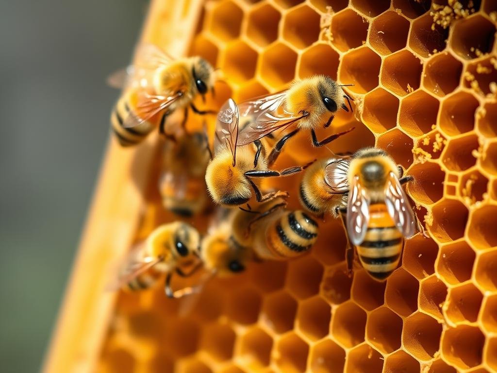 Buckfast honey bees working on a frame, showing their productive nature that makes them among the best bees for beginners seeking good honey production