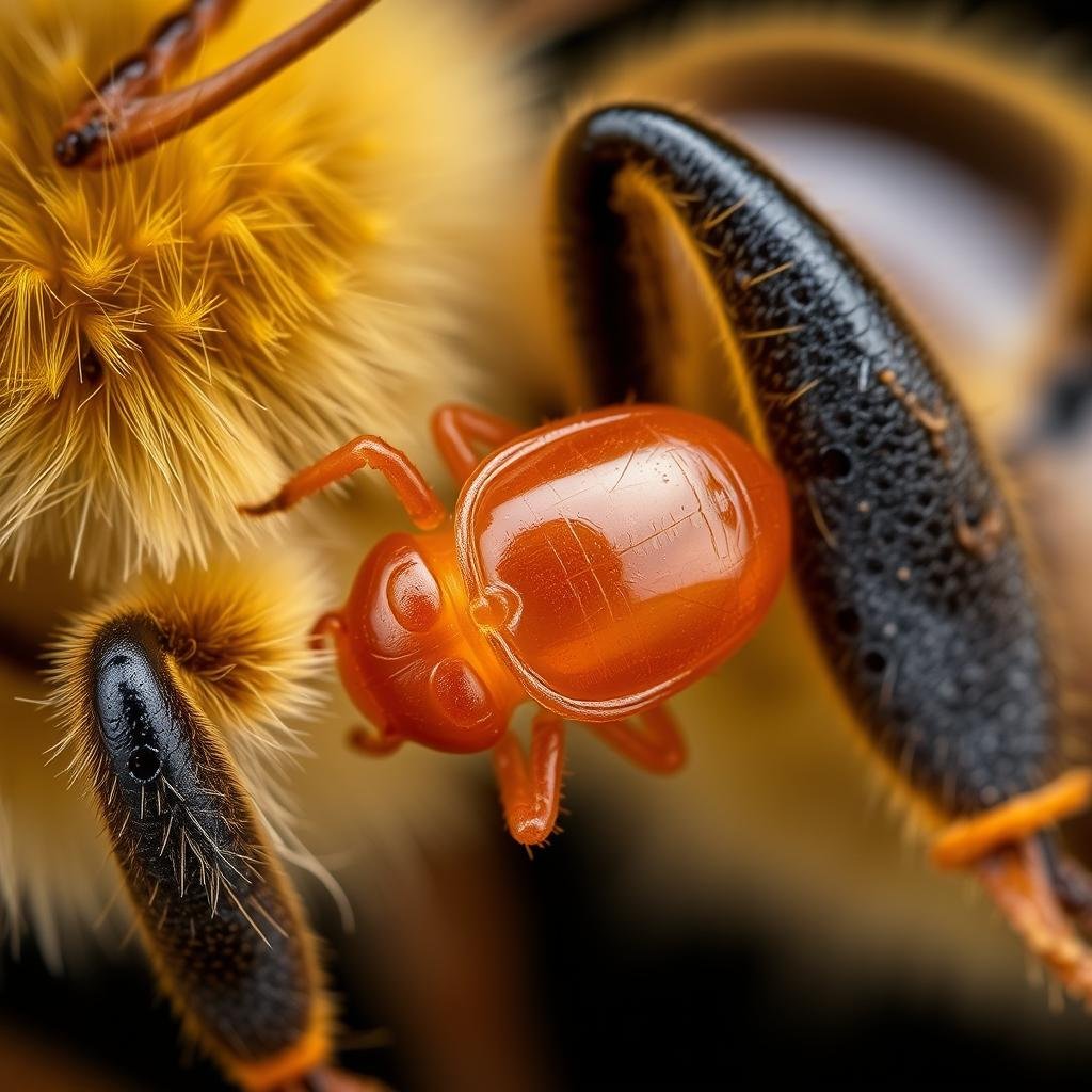 Close-up of Varroa destructor mite on a honey bee