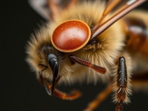 Close-up of a varroa mite on a honey bee, showing the size comparison and parasitic relationship that makes varroa mite control methods essential in 2025