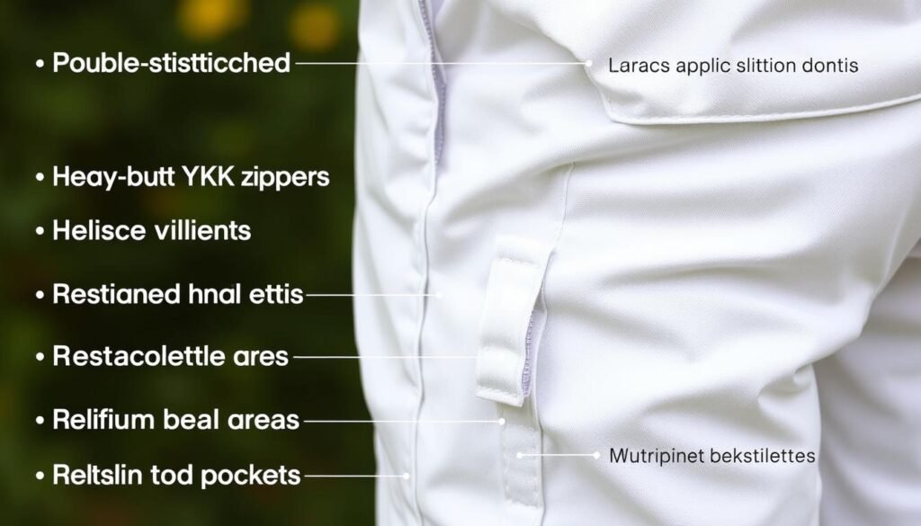 Close-up of quality beekeeping suit showing double-stitched seams and heavy-duty zippers
