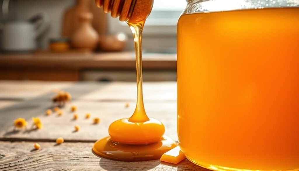 Close-up view of a jar of raw honey, showcasing its rich golden color and thick, viscous texture, with a glistening surface that catches the light. The foreground features a wooden honey dipper drizzled with honey, emphasizing its smooth, sticky consistency. In the middle ground, a rustic wooden table complements the natural theme, with small, scattered beeswax pieces and a few bee flowers hinting at the origin of the honey. The background subtly includes a blurred, sunlit kitchen setting, enhancing the homemade, organic vibe. Soft, warm lighting creates a comforting atmosphere, highlighting the clarity and richness of the raw honey, inviting the viewer to appreciate its unprocessed beauty.