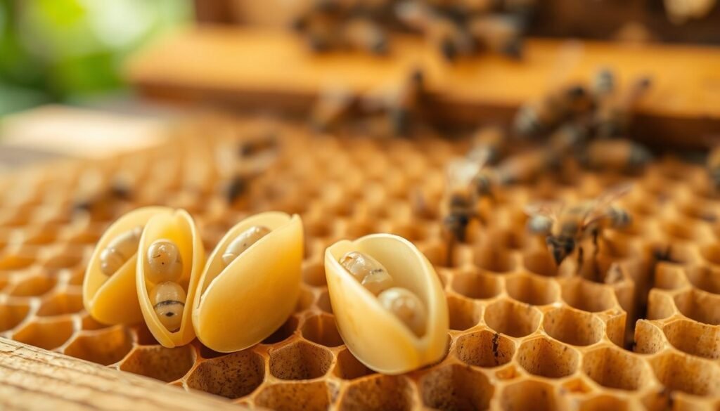 Close-up view of several queen bee cells nestled within a wooden beehive frame, showcasing their elongated, almond shape and creamy wax color. The cells should be highlighted in the foreground, clearly displaying the subtle textures of the wax and the developing larvae within. In the middle, include a soft focus on hexagonal honeycomb patterns surrounding the queen cells. In the background, a blurred hive environment reveals hints of bees working — gathering pollen and nectar — creating a lively yet tranquil atmosphere. Utilize warm, natural lighting to enhance the organic feel of the scene, and maintain a shallow depth of field to emphasize the queen cells. Aim for a balanced composition that captures the intricate details while evoking a sense of care and diligence among beekeepers.