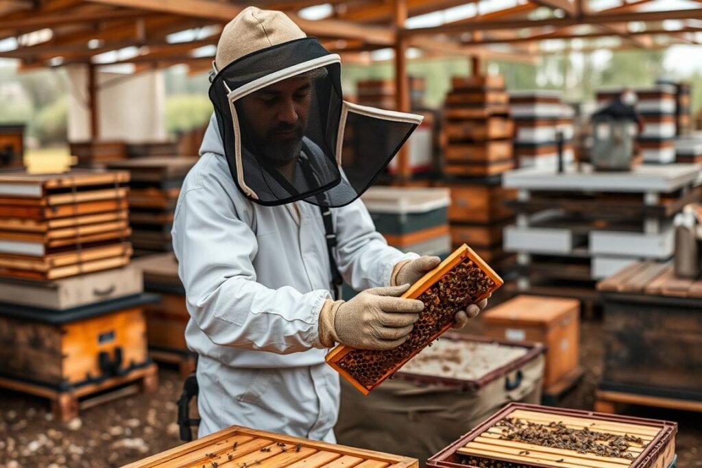 Commercial beekeeper with durable gear handling multiple hives