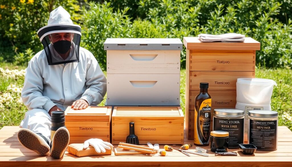 Complete beekeeping starter equipment laid out including hive components, protective gear, and tools