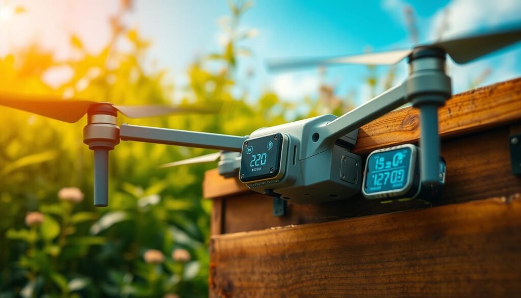 Detailed aerial view of a beehive with various sensor modules attached, capturing real-time temperature and humidity data. The hive is situated in a lush, verdant environment with a vibrant blue sky overhead. The sensor modules are sleekly designed, blending seamlessly with the natural wooden structure of the hive. Warm, diffused lighting illuminates the scene, creating a sense of scientific observation and technological integration within the apicultural setting. The image conveys the harmony between traditional beekeeping practices and cutting-edge AI-powered monitoring systems, highlighting the benefits of such innovative approaches in modern apiculture.
