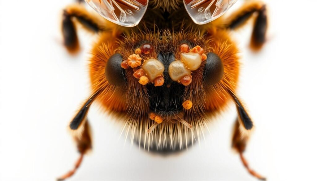 Detailed close-up image of the ventral side of a honey bee's thorax and abdomen, revealing distinct viral lesions, discolorations, and abnormal growths. The bee is positioned against a stark, clinical white background, allowing the pathological features to be clearly visible. Crisp, high-resolution focus, using a macro lens and even, diffuse studio lighting to capture the textural intricacies. Conveying a sense of scientific study and pathological investigation into the impacts of viral diseases affecting honey bee colonies.