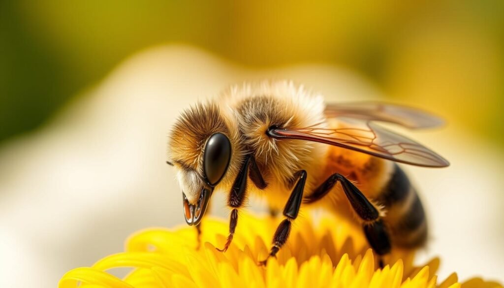 Detailed close-up portrait of a honey bee, resting on a yellow flower against a soft, blurred natural background. The bee's fuzzy body and translucent wings are sharply in focus, showcasing its intricate anatomy and unique coloration. Warm, natural lighting illuminates the scene, casting subtle shadows and highlights that enhance the texture and form of the insect. The composition is centered and balanced, highlighting the bee's important role as a key pollinator species. The image conveys a sense of serenity and appreciation for the beauty and ecological significance of this native pollinator.