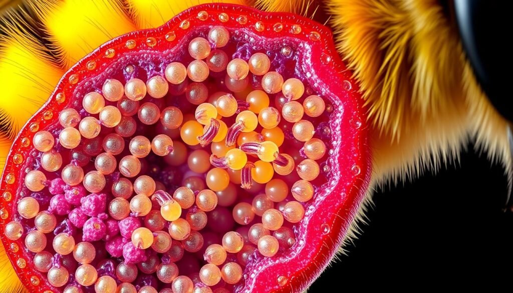 Detailed cross-section of a bee's hypopharyngeal gland, depicting the intricate process of protein synthesis. The gland appears as a complex network of secretory acini, with cells actively engaged in synthesizing and transporting the proteins essential for brood pheromone production. Vibrant colors and high-contrast lighting highlight the dynamic nature of this physiological process, conveying the scientific importance and visual intrigue of this key aspect of bee biology. The image is rendered with a level of anatomical accuracy and technical precision, suitable for illustrating the "Primer Effects on Worker Physiology" section of the article.