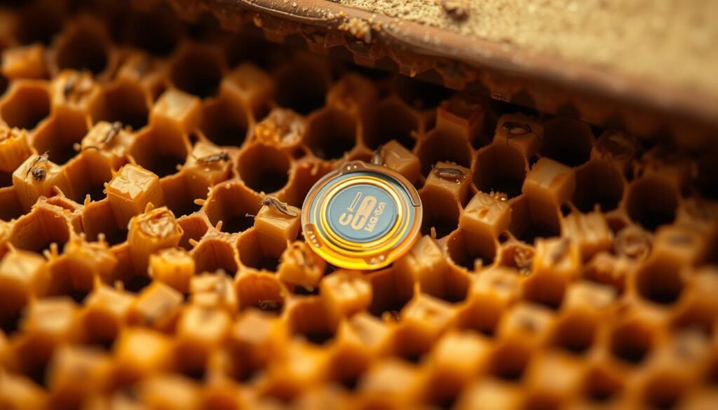 Detailed macro shot of a temperature monitoring sensor embedded in a honeycomb frame, capturing the heat signature of the brood area. The sensor is positioned amidst the densely packed capped brood cells, delicately surrounded by the intricate waxy hexagonal structures. Subtle amber and ochre tones create a warm, organic atmosphere, emphasizing the thermal dynamics at play in the hive. Soft, diffused lighting casts gentle shadows, revealing the three-dimensional texture of the comb. The image focuses on the sensor's interface with the living, breathing colony, conveying the technological integration required for effective queenlessness detection.