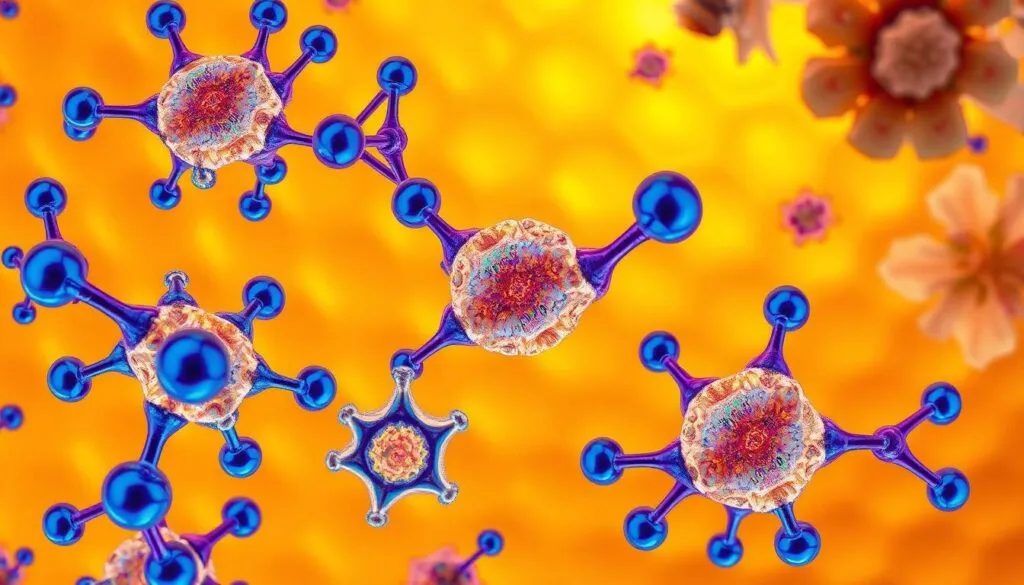 Detailed microscopic illustration of raw honey showcasing the diverse enzymes within. In the foreground, intricate molecular structures of various honey enzymes such as glucose oxidase, diastase, and invertase, rendered in vibrant colors and organic shapes. The middle ground features a honey comb textured backdrop, with a warm, golden glow illuminating the enzymes. The background subtly depicts the natural floral elements that contribute to the unique enzyme profile of the honey. The overall composition conveys a sense of scientific exploration and appreciation for the complex biochemistry of this natural sweetener.
