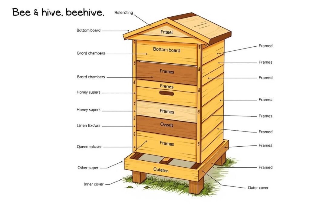 Diagram of a Langstroth hive showing all components labeled