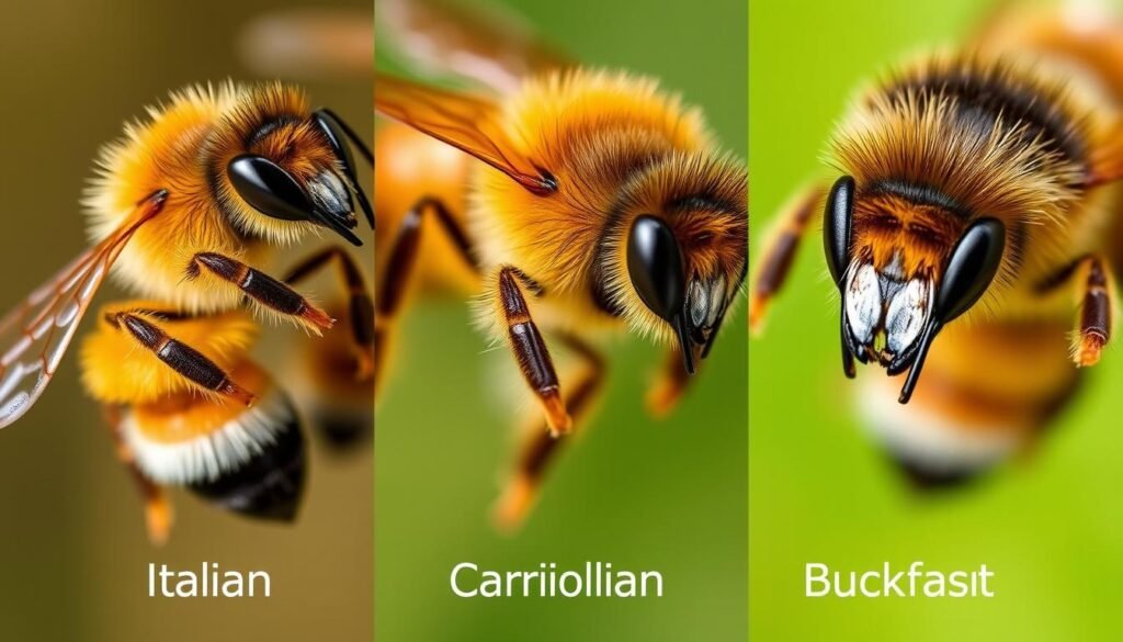 Different bee species comparison showing Italian, Carniolan, and Buckfast bees