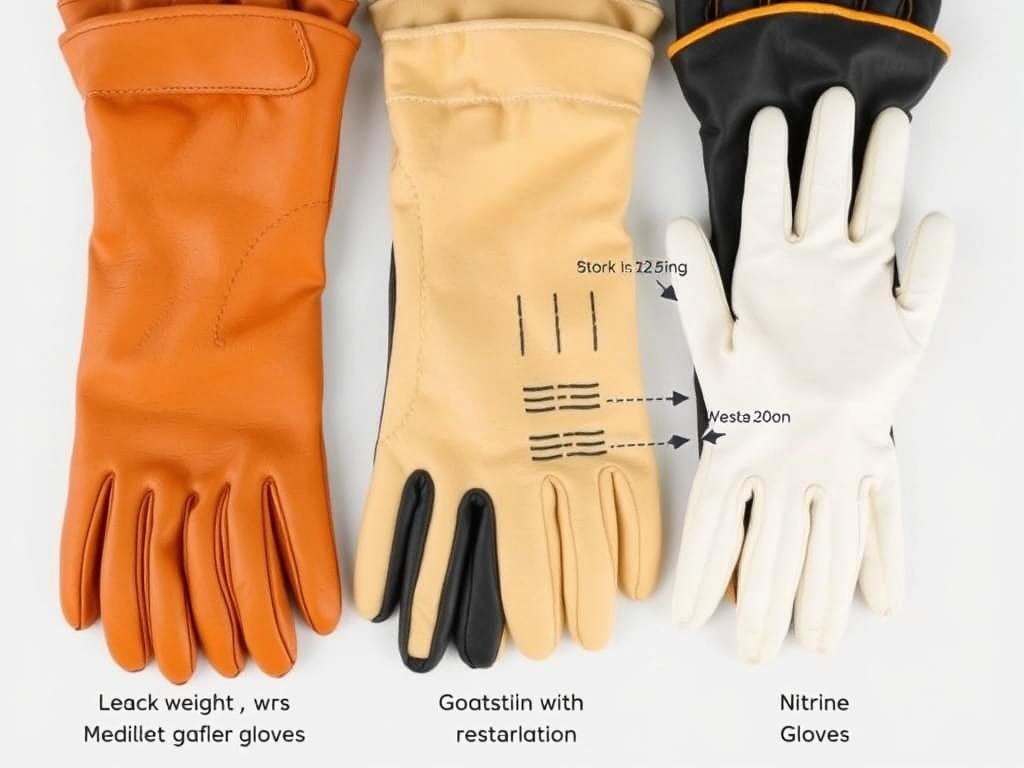 Different types of beekeeping gloves showing various materials and designs