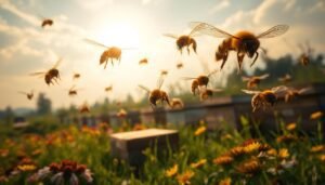 Drone bees in flight, their large bulky bodies hovering above a lush green meadow