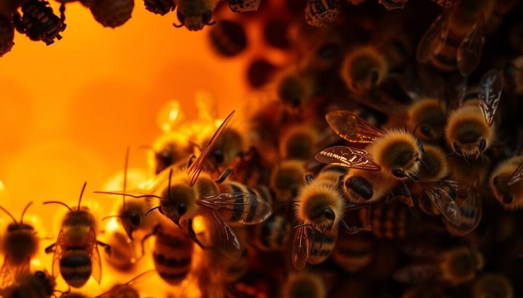 Entrance scent screening: A hive entrance illuminated by warm, golden light, showcasing a group of vigilant guard bees meticulously inspecting incoming visitors. Rows of antennae sway, delicately sampling scents and pheromones, as the bees intently scrutinize each newcomer. The scene is suffused with a sense of diligence and protection, the bees' acute senses on high alert, ready to detect any foreign or threatening presence. Intricate compound eyes track every movement, while the background fades into a soft, blurred hive interior, emphasizing the focus and concentration of the sentries at the gateway.