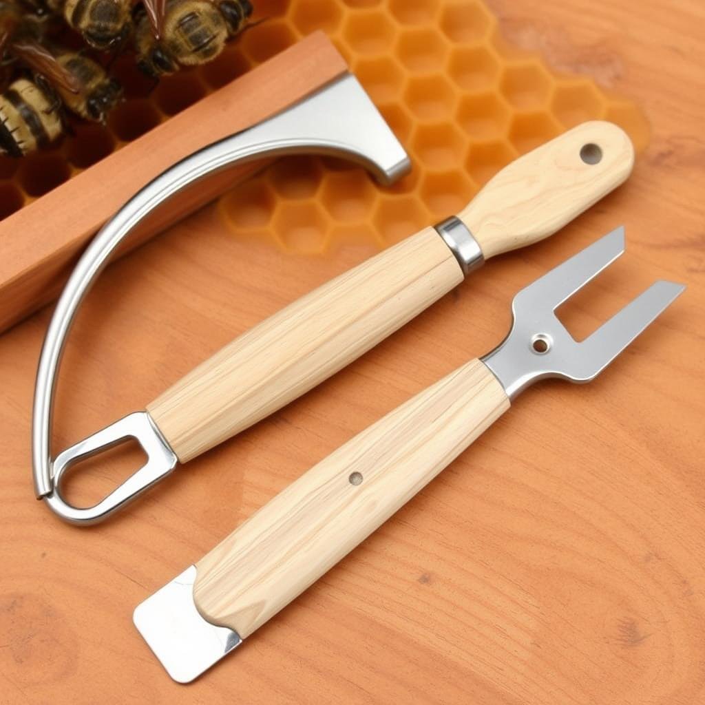 Essential beekeeping hive tools including standard hive tool and frame grip