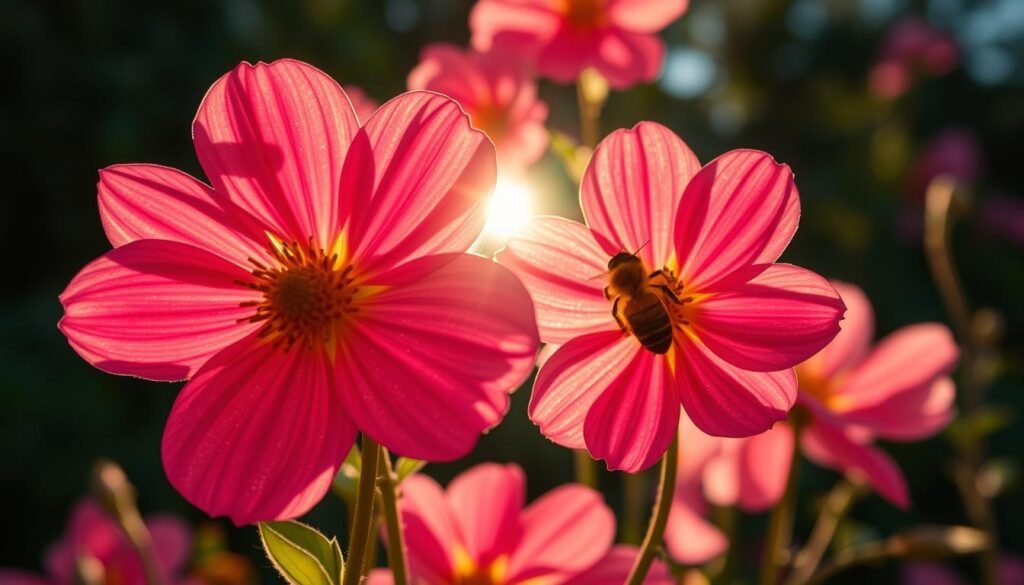 Flowers in vibrant hues, petals unfurled, capturing the sun's radiant glow. Delicate nectar patterns swirling across the delicate blooms, intricate designs visible only to the discerning eye of a bee. The scene is bathed in a warm, soft light, casting a natural, organic ambiance. Carefully composed to draw the viewer's gaze, the image conveys the essence of the bees' intricate relationship with the floral world, a vital part of their foraging and communication. Angles and perspectives offer a unique, immersive viewpoint, inviting the viewer to step into the realm of the pollinator and witness the hidden beauty of the flowers' nectar patterns.