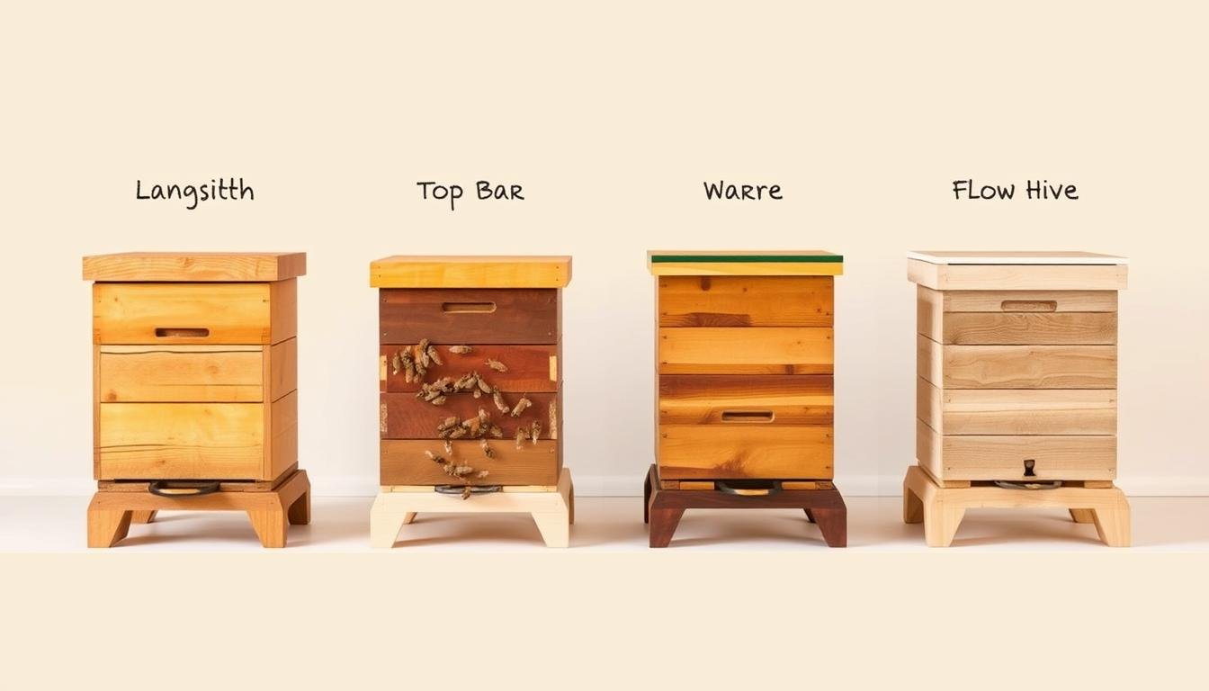Four main types of beehives for beginners: Langstroth, Top-Bar, Warre, and Flow Hive