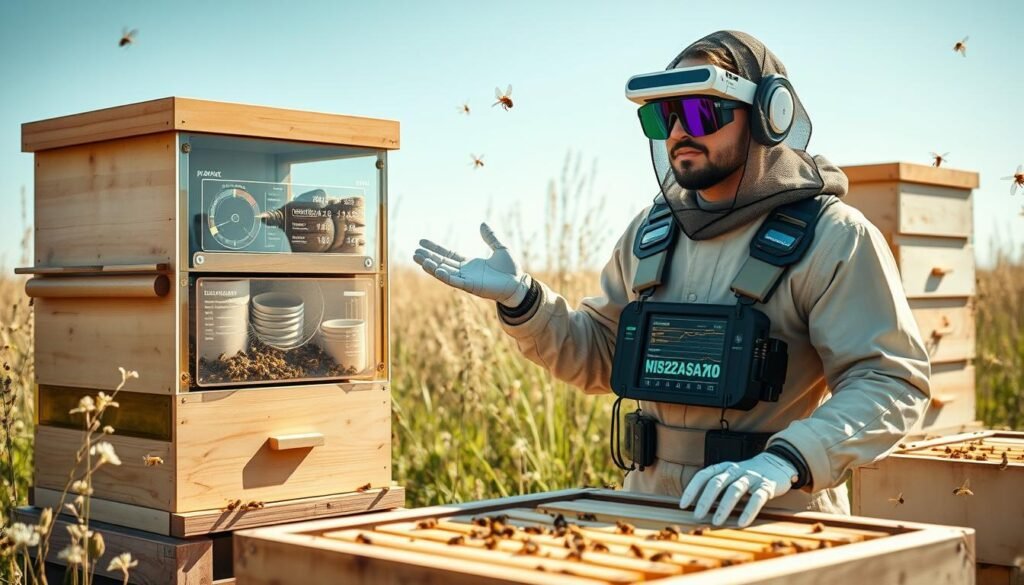 Futuristic beekeeping technology for varroa control, representing the evolution of varroa mite control methods beyond 2025