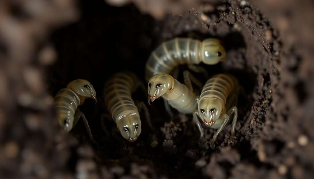 Halictus ligatus larvae, delicate and segmented, nestled within a soil-filled chamber. Soft, muted lighting casts gentle shadows, highlighting their translucent bodies and sparse hairs. Intricate details emerge, from the tiny mandibles to the faint outlines of developing legs. The scene conveys a sense of quiet introspection, inviting the viewer to study these primitive eusocial insects and the factors shaping their caste determination. A shallow depth of field blurs the background, focusing attention on the captivating larvae. Captured with a macro lens, this image provides a glimpse into the trophic aspects of these sweat bees, aligning with the subject and section title of the article. Halictus ligatus larvae, delicate and segmented, nestled within a soil-filled chamber. Soft, muted lighting casts gentle shadows, highlighting their translucent bodies and sparse hairs. Intricate details emerge, from the tiny mandibles to the faint outlines of developing legs. The scene conveys a sense of quiet introspection, inviting the viewer to study these primitive eusocial insects and the factors shaping their caste determination. A shallow depth of field blurs the background, focusing attention on the captivating larvae. Captured with a macro lens, this image provides a glimpse into the trophic aspects of these sweat bees, aligning with the subject and section title of the article.