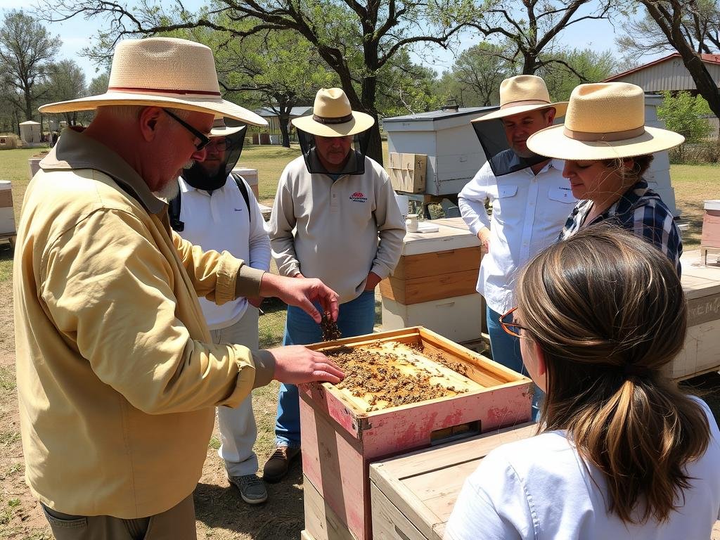 Hands-on beekeeping workshop in Texas with instructor demonstrating hive inspection