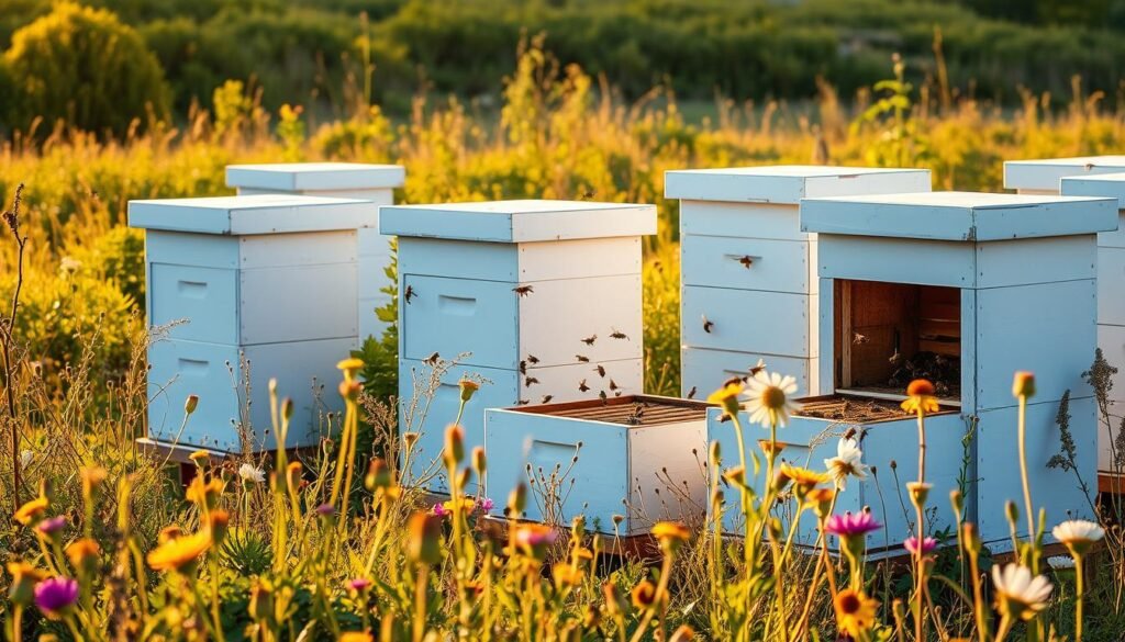 Healthy beehive with bees flying around it in a natural setting with wildflowers