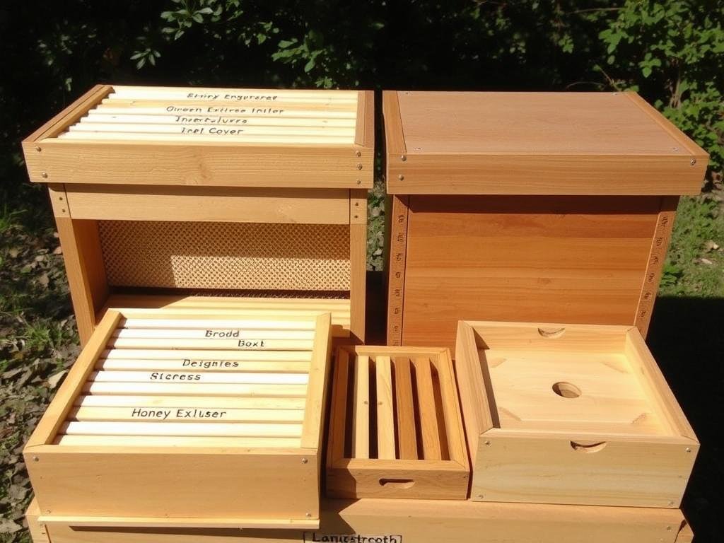 Langstroth beehive components showing stacked boxes with frames