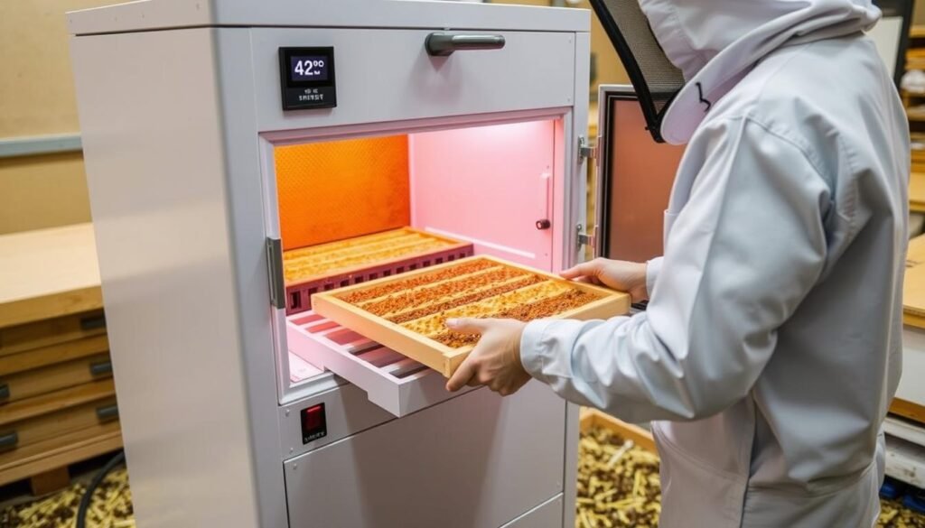 Modern thermal treatment unit for varroa control, showing the technological advancement in varroa mite control methods for 2025